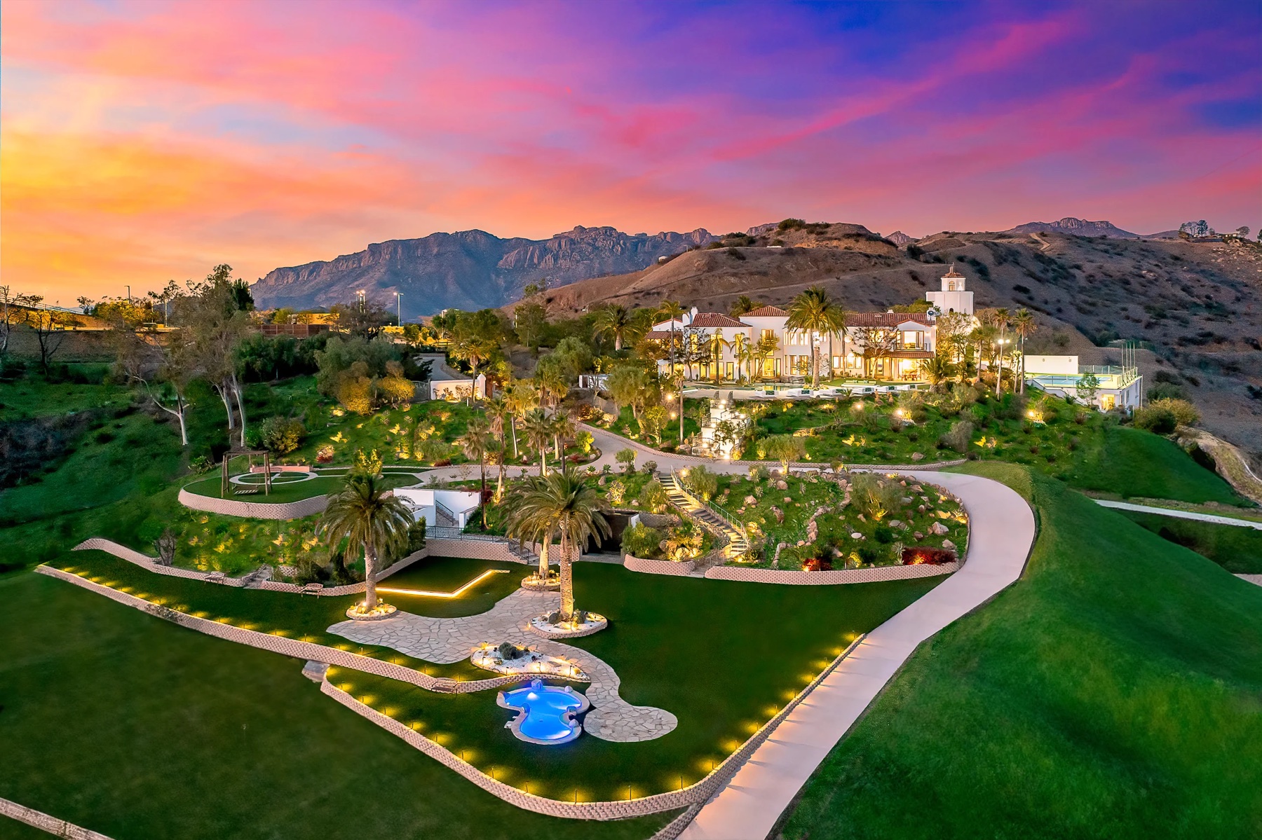 Aerial view of the Malibu Dream House estate at sunset